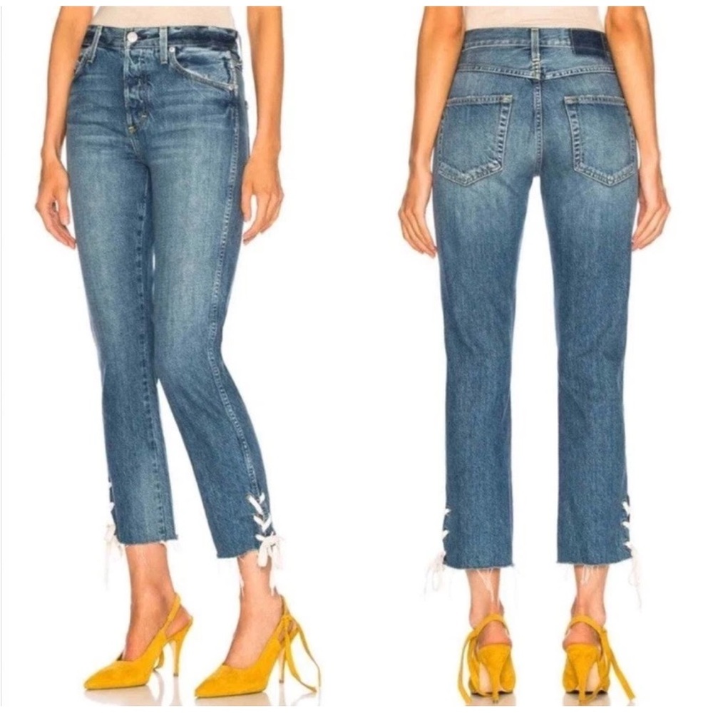AMO Babe Love Note Lace Up Denim Blue Jeans High Rise Women’s 24x26 Ankle Crop